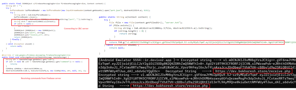 Figure 6 – Firebase command execution (left) and decryption of C&C server URL (Right)